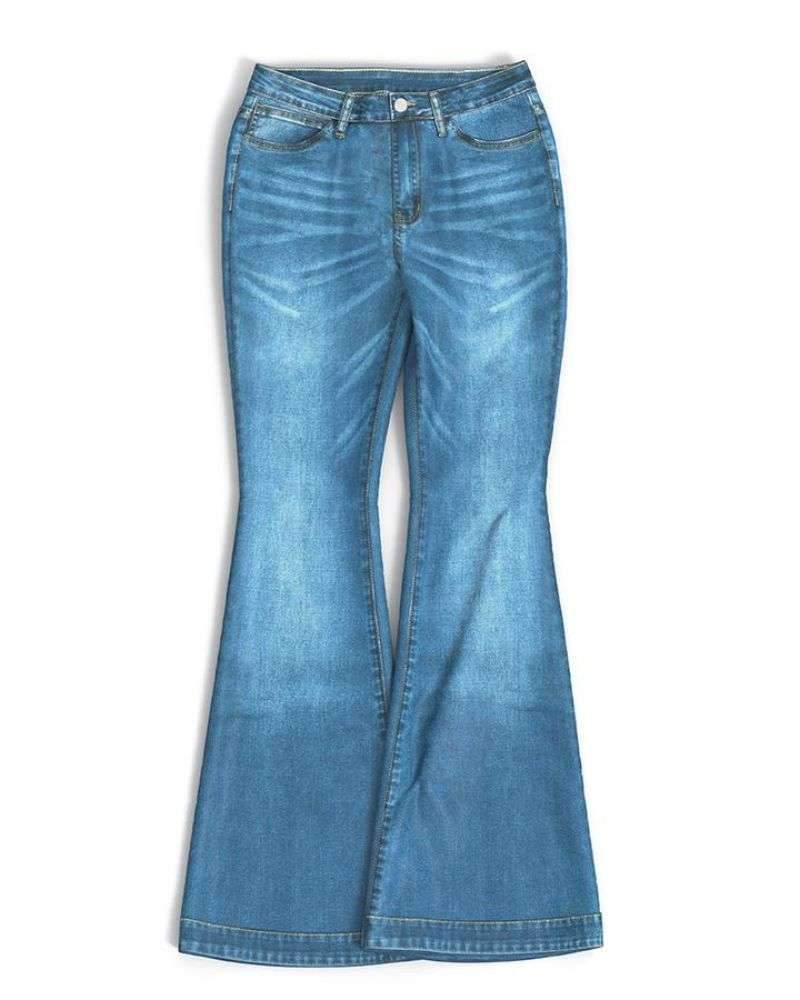 Damen-Hose mit ausgestelltem Bein und hoher Taille, aus Denim mit Knopfleiste und Stretch