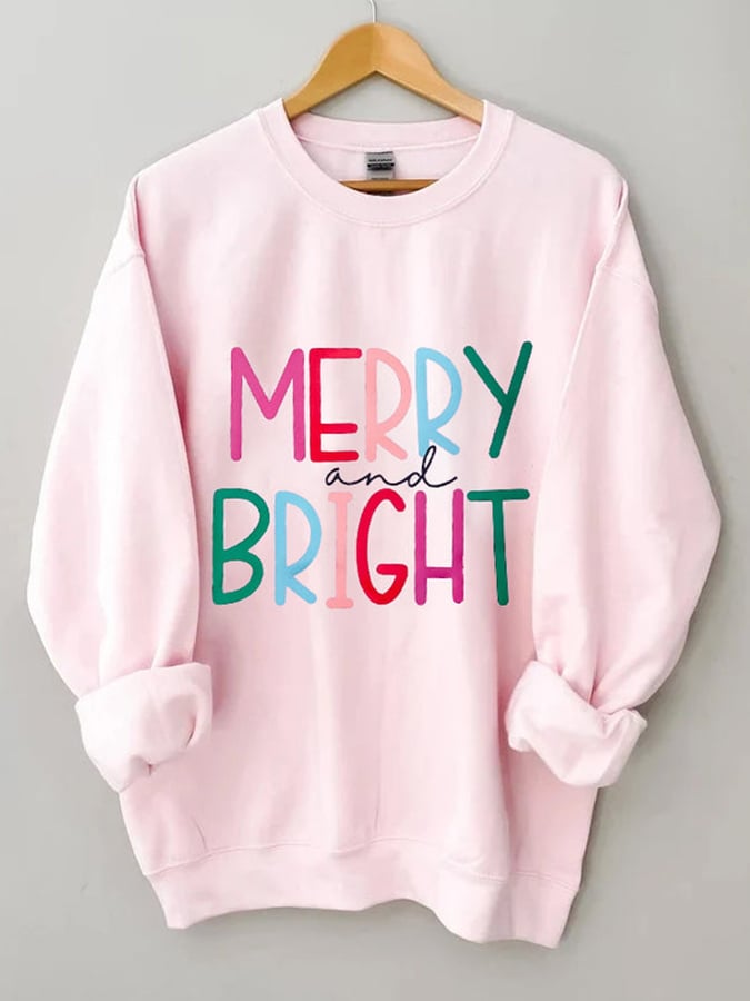 🔥Kaufen Sie 3 und erhalten Sie 10 % Rabatt🔥Lässiges Sweatshirt mit rosa „Merry And Bright Holiday“-Print 