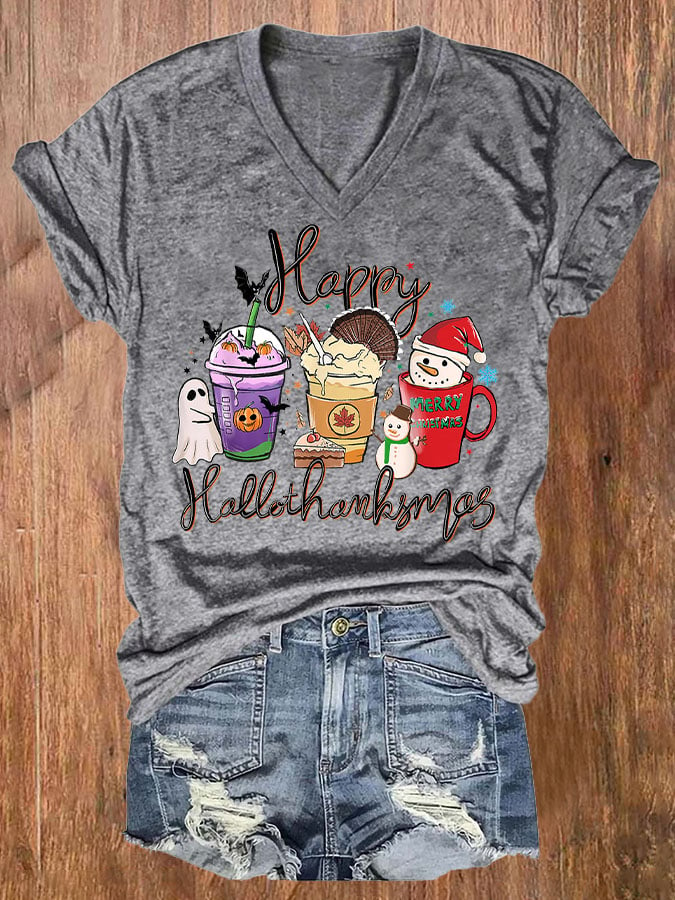 🔥Buy 3 Get 10% Off🔥Women's Happy Hallothanksmas Print T-Shirt