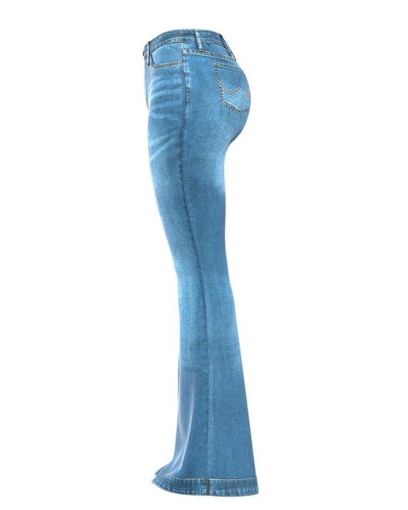 Damen-Hose mit ausgestelltem Bein und hoher Taille, aus Denim mit Knopfleiste und Stretch