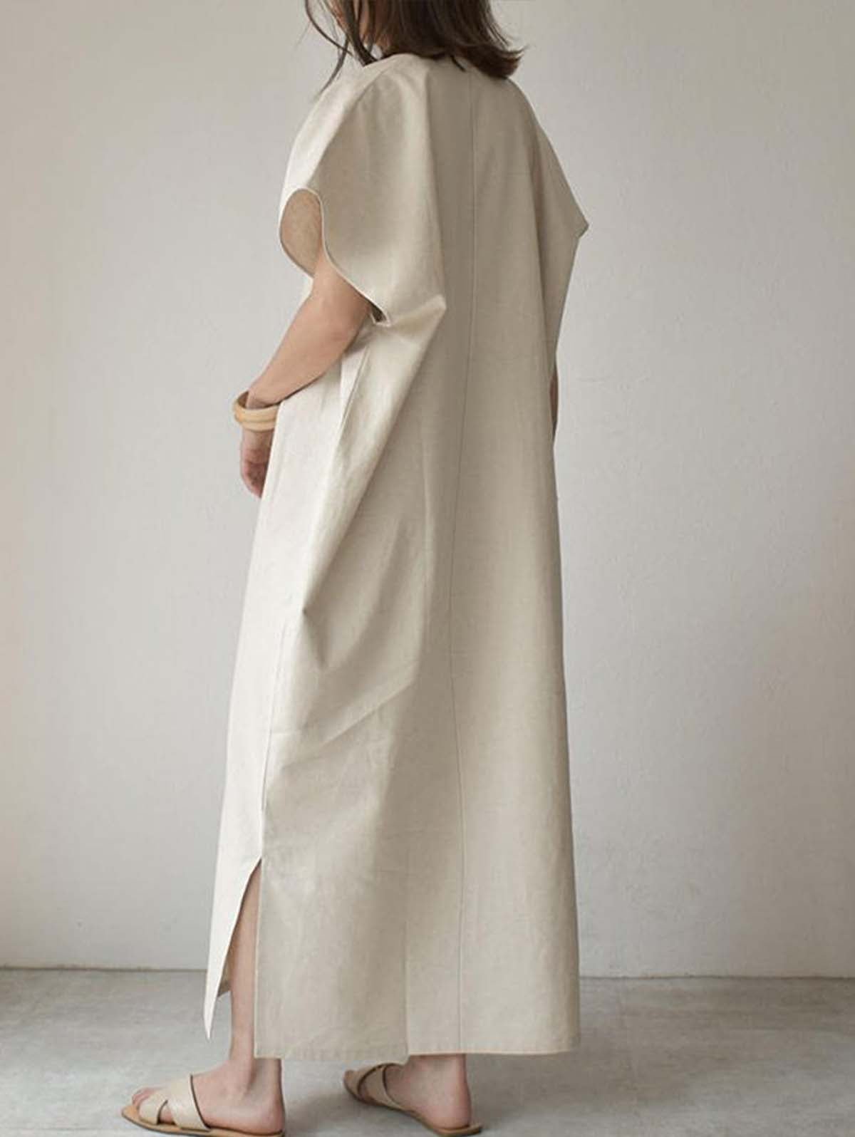 Simple Black&Beige Batwing Sleeve Split-Side Maxi Dress