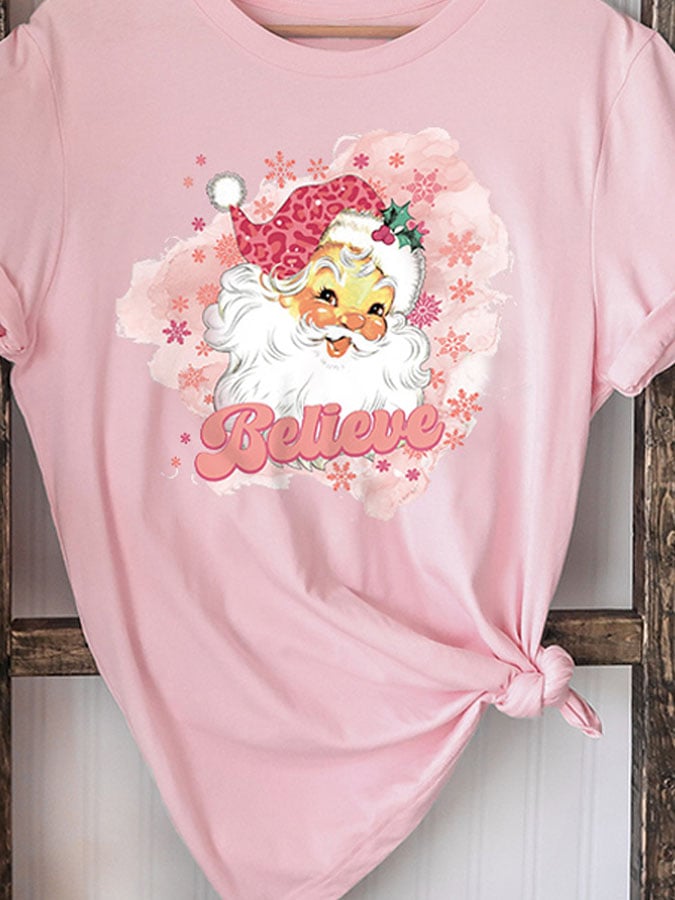 🔥Kaufen Sie 3 und erhalten Sie 10 % Rabatt🔥Rosa T-Shirt mit „Santa Believe“-Print 