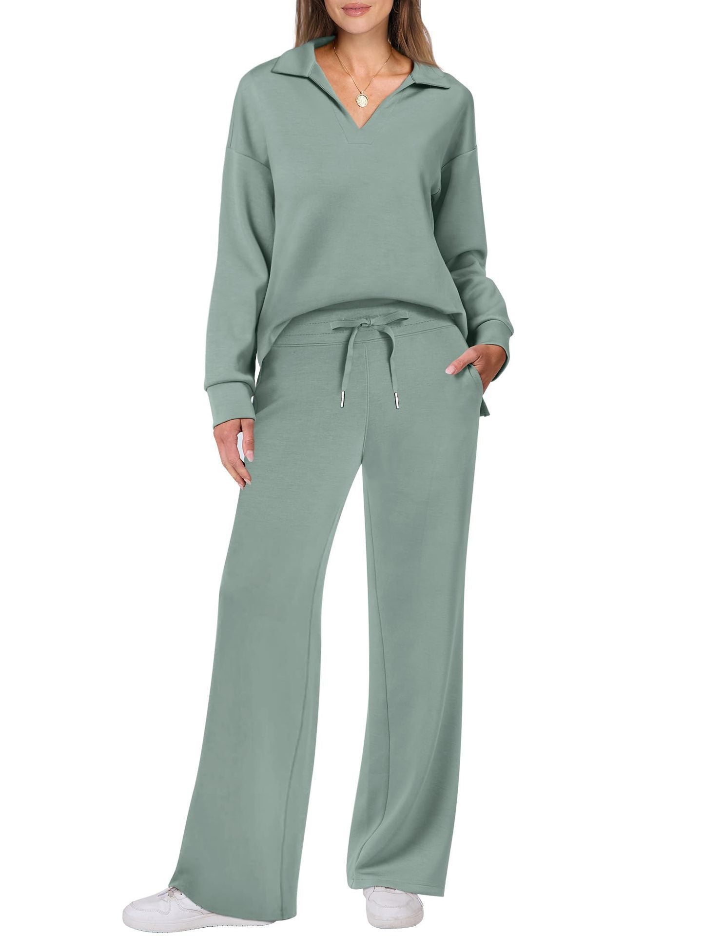 Women's Cotton Two-Piece Oversized Half-Zip Sweatshirt Wide Leg Sweatpants Casual Suit