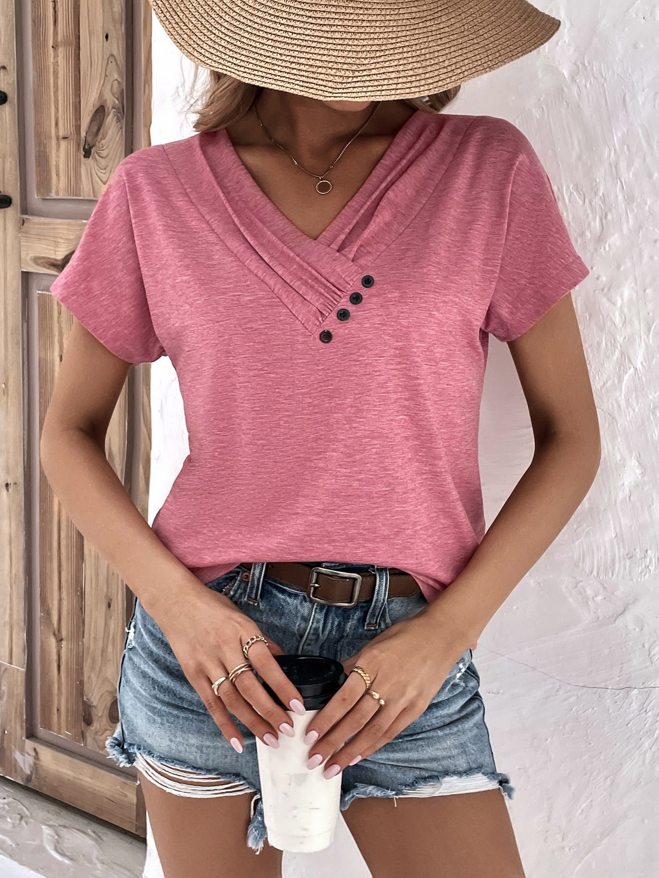 Button Detail V Neck Tee (Buy 3 Free Shipping)