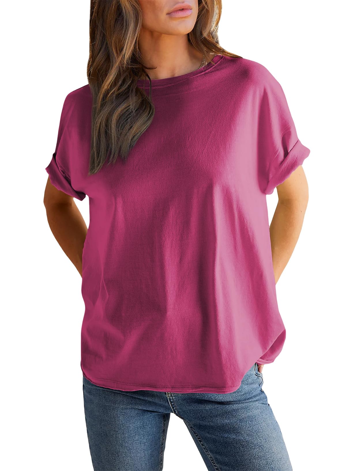 Camiseta de manga corta con cuello redondo y color liso para mujer (compre 2 y envío gratis)