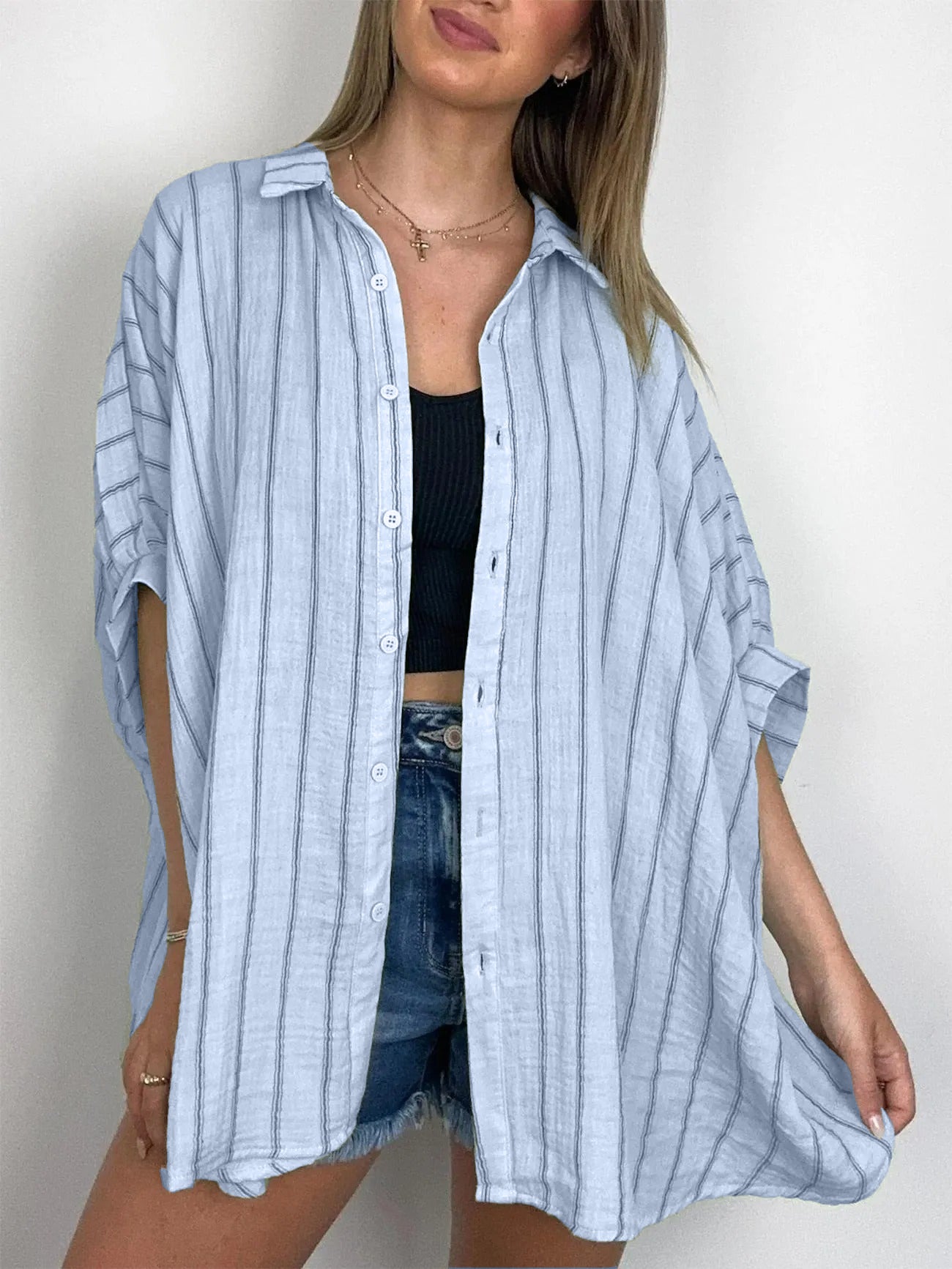 2024 Popular Oversized Striped Button Down Top Shirt Jacket(50% OFF🔥)