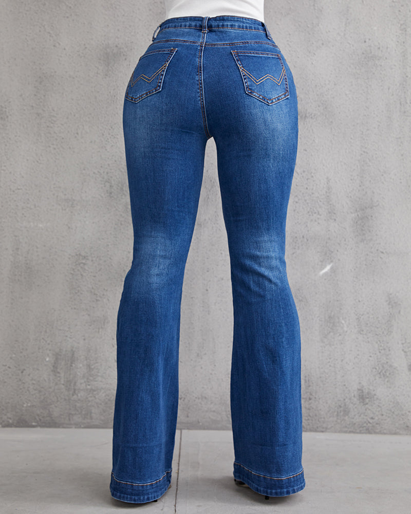 Damen-Hose mit ausgestelltem Bein und hoher Taille, aus Denim mit Knopfleiste und Stretch