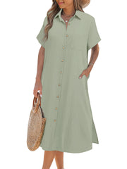 Women's Short Sleeve Button Shirt Dress (Buy 2 Free Shipping)