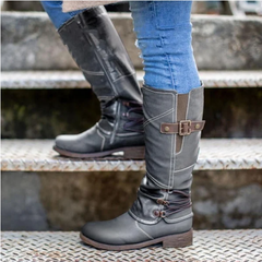 Botas de nieve altas con cremallera de cuero vintage para mujer 