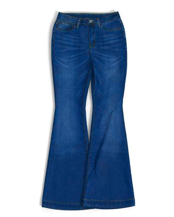 Damen-Hose mit ausgestelltem Bein und hoher Taille, aus Denim mit Knopfleiste und Stretch