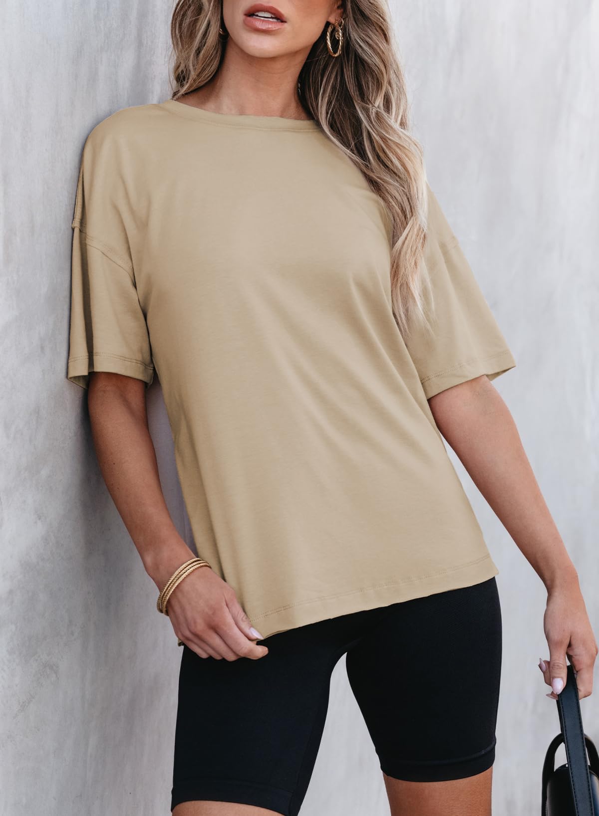 Camiseta de manga corta con cuello redondo y color liso para mujer (compre 2 y envío gratis)