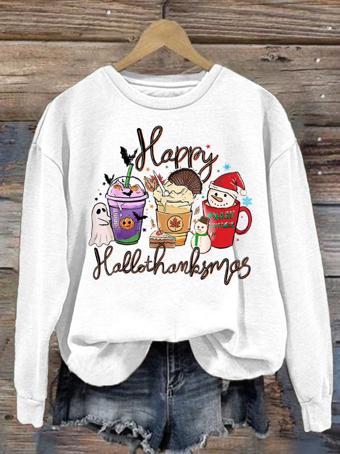 🔥Kaufen Sie 3 und erhalten Sie 10 % Rabatt🔥Langärmliges Sweatshirt mit „Happy Hallothanksmas“-Aufdruck für Damen 