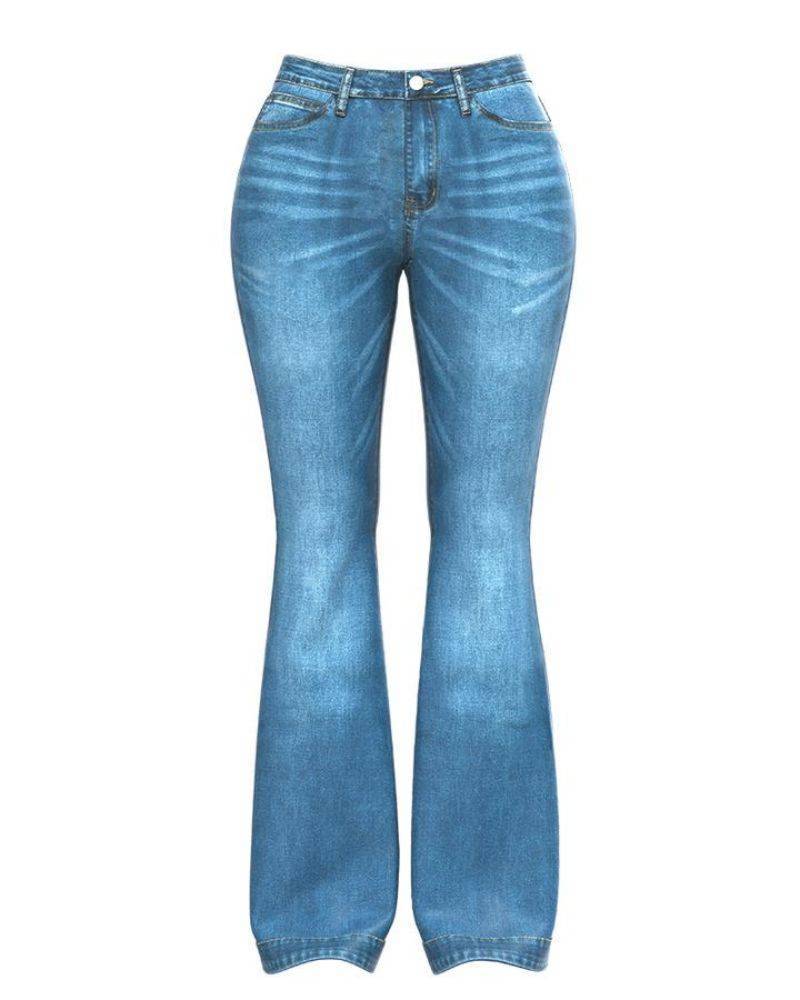 Ladies Flared High Waist Denim Button Stretch Trousers