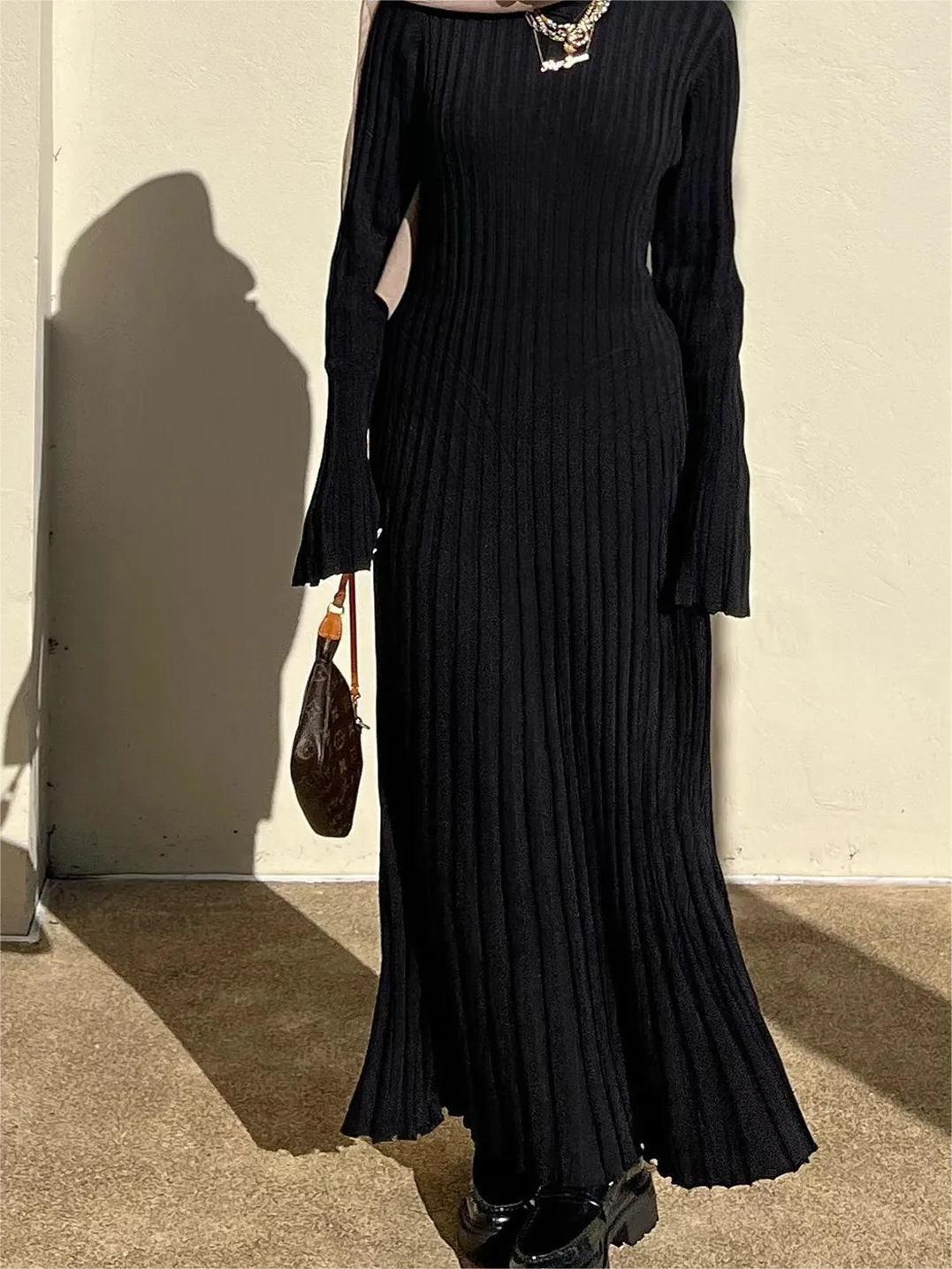 2024 Fall New Sleeved Knit Midi Dress