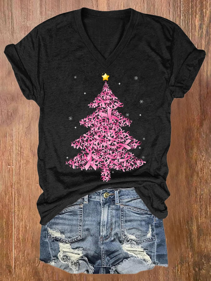 🔥Buy 3 Get 10% Off🔥V-neck Retro Breast Cancer Awareness Pink Christmas Tree Ribbons Print T-Shirt