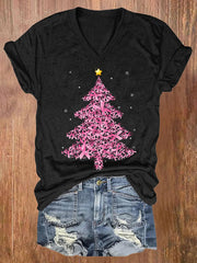 🔥Buy 3 Get 10% Off🔥V-neck Retro Breast Cancer Awareness Pink Christmas Tree Ribbons Print T-Shirt