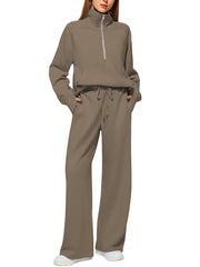 Women's Cotton Two-Piece Oversized Half-Zip Sweatshirt Wide Leg Sweatpants Casual Suit