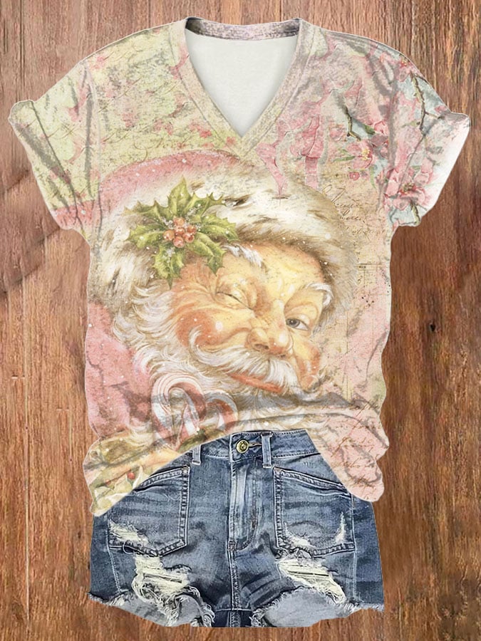 🔥Buy 3 Get 10% Off🔥Women's Pink Vintage Santa Claus Print Short Sleeve T-Shirt