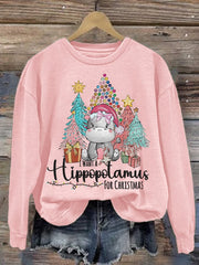 🔥Kaufen Sie 3 und erhalten Sie 10 % Rabatt🔥Langärmliges Sweatshirt mit Rundhalsausschnitt und Aufdruck „I Want A Hippopotamus For Christmas“ 