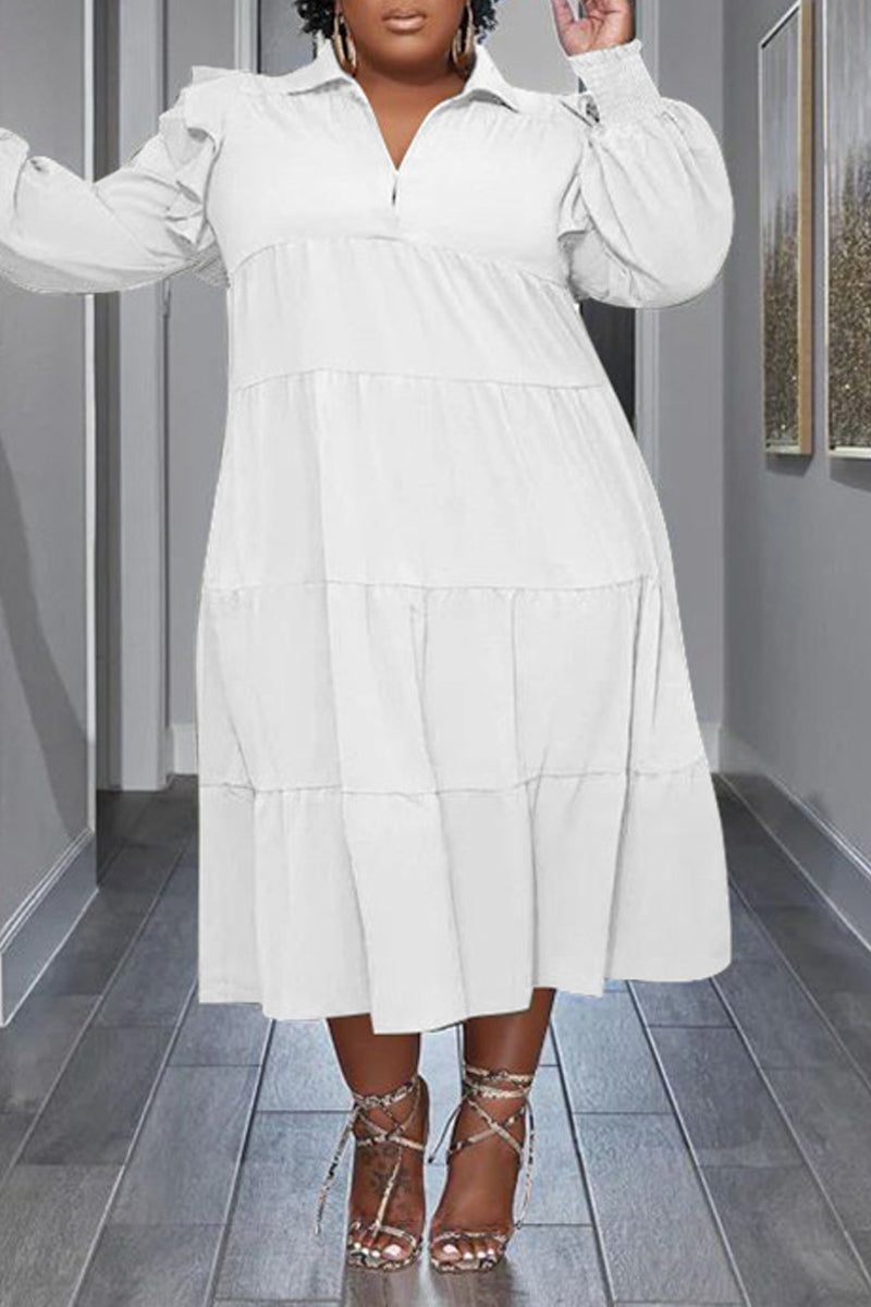 Flounced Sleeve Plus Size Turndown Collar Dress