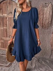 Solid Puff Sleeve Ruffle Hem Smock Dress (Buy 2 Free Shipping)