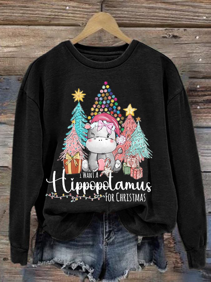 🔥Kaufen Sie 3 und erhalten Sie 10 % Rabatt🔥Langärmliges Sweatshirt mit Rundhalsausschnitt und Aufdruck „I Want A Hippopotamus For Christmas“ 