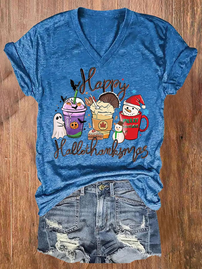 🔥Buy 3 Get 10% Off🔥Women's Happy Hallothanksmas Print T-Shirt