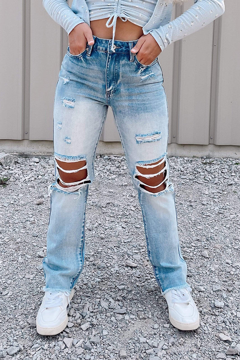 High Waist Frayed Hem Ripped Jeans