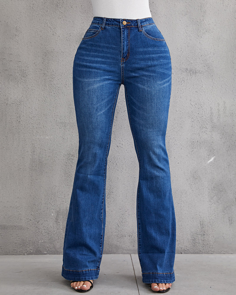 Damen-Hose mit ausgestelltem Bein und hoher Taille, aus Denim mit Knopfleiste und Stretch