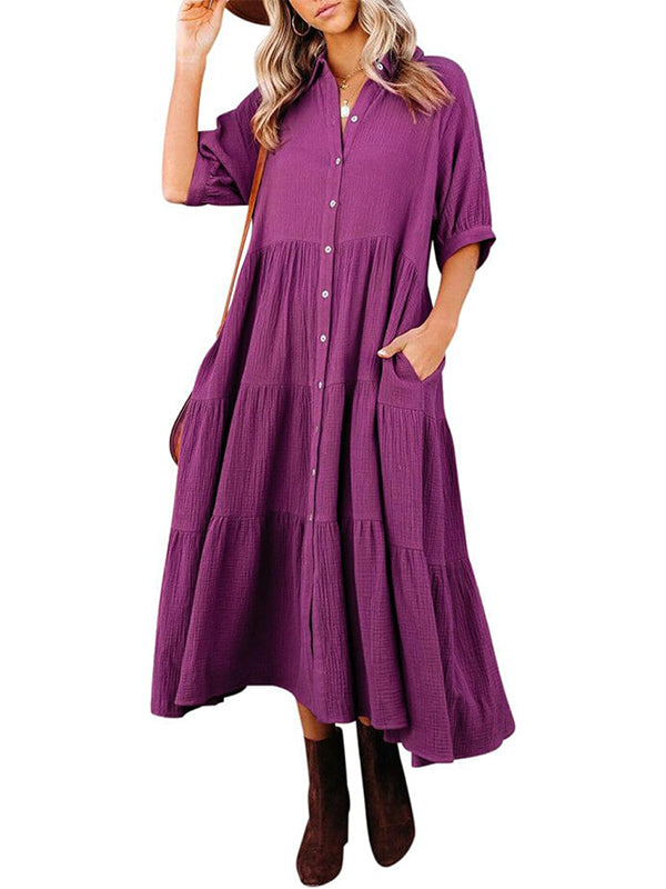 Women's Button Down Tiered Ruffle Flowy Midi Dress with Pockets (Buy 2 Free Shipping)