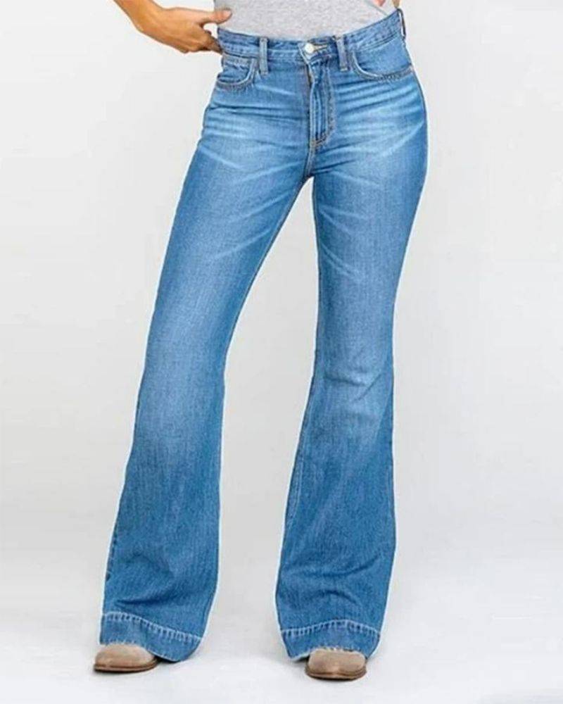 Damen-Hose mit ausgestelltem Bein und hoher Taille, aus Denim mit Knopfleiste und Stretch