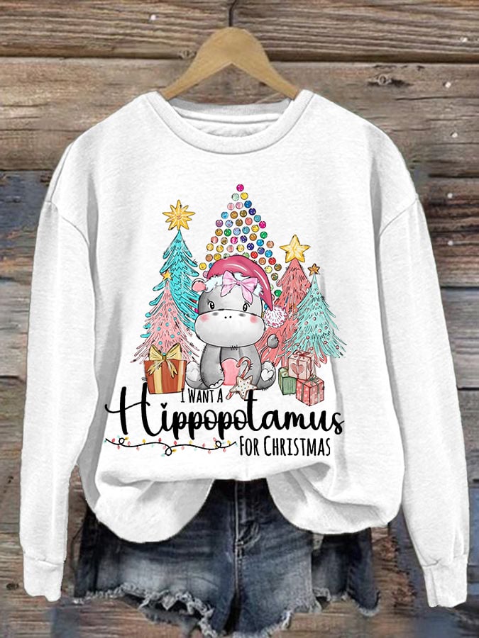 🔥Kaufen Sie 3 und erhalten Sie 10 % Rabatt🔥Langärmliges Sweatshirt mit Rundhalsausschnitt und Aufdruck „I Want A Hippopotamus For Christmas“ 