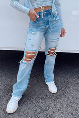 High Waist Frayed Hem Ripped Jeans