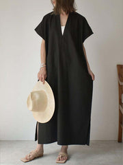 Simple Black&Beige Batwing Sleeve Split-Side Maxi Dress