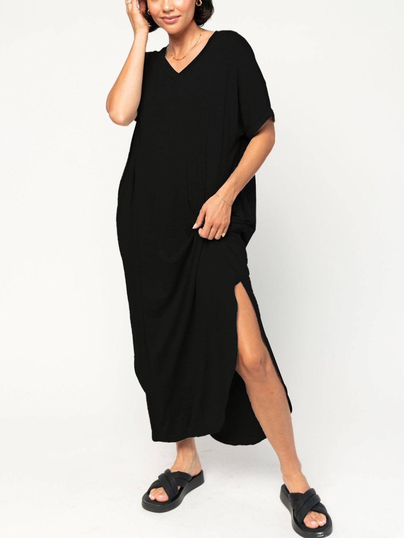 Women's Loose V-neck Split T-shirt Dress (Buy 2 Free Shipping)