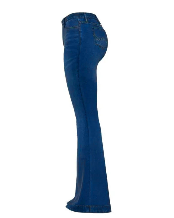 Damen-Hose mit ausgestelltem Bein und hoher Taille, aus Denim mit Knopfleiste und Stretch