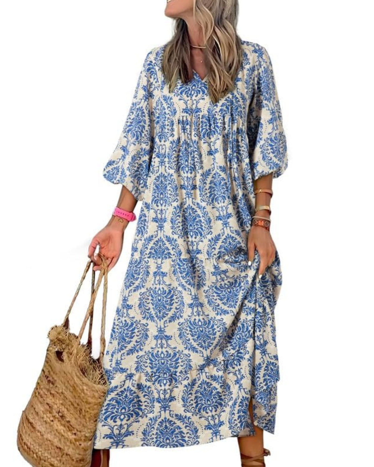 Vestido largo bohemio con estampado floral y mangas abullonadas para mujer (compre 2 y envío gratis)