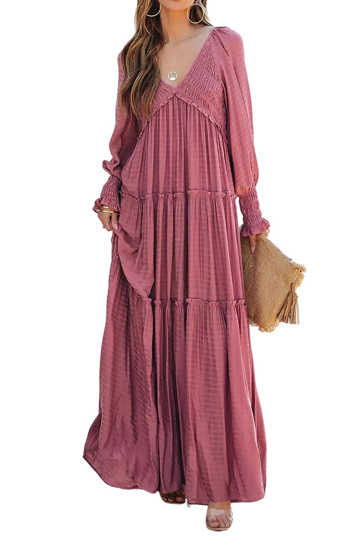 Women's Long Sleeve V Neck Boho Flowy Maxi Dresses (Buy 2 Free Shipping)