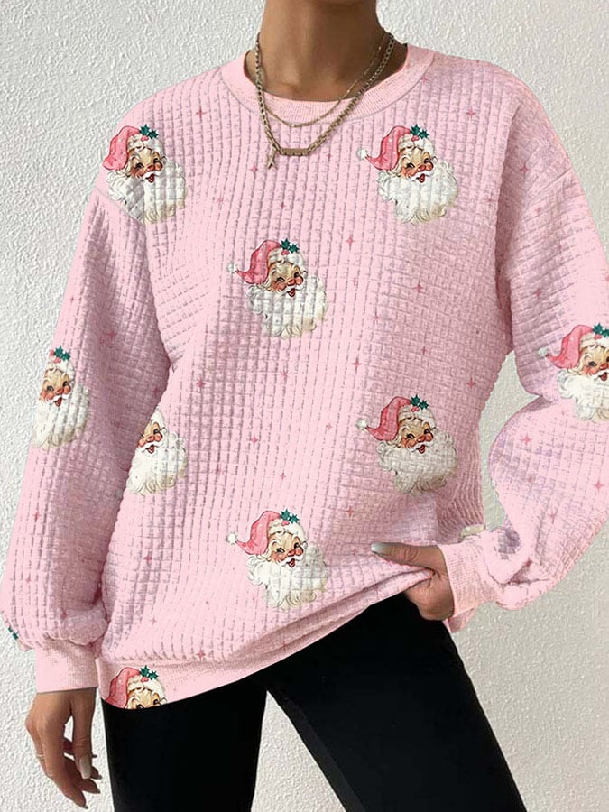 🔥Compra 3 y obtén un 10 % de descuento🔥Sudadera con hombros caídos y estampado de Papá Noel en color rosa 