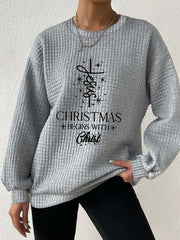 🔥Kaufen Sie 3 und erhalten Sie 10 % Rabatt🔥Damen-Sweatshirt mit Waffelmuster und „Christmas Begins With Jesus“-Aufdruck 