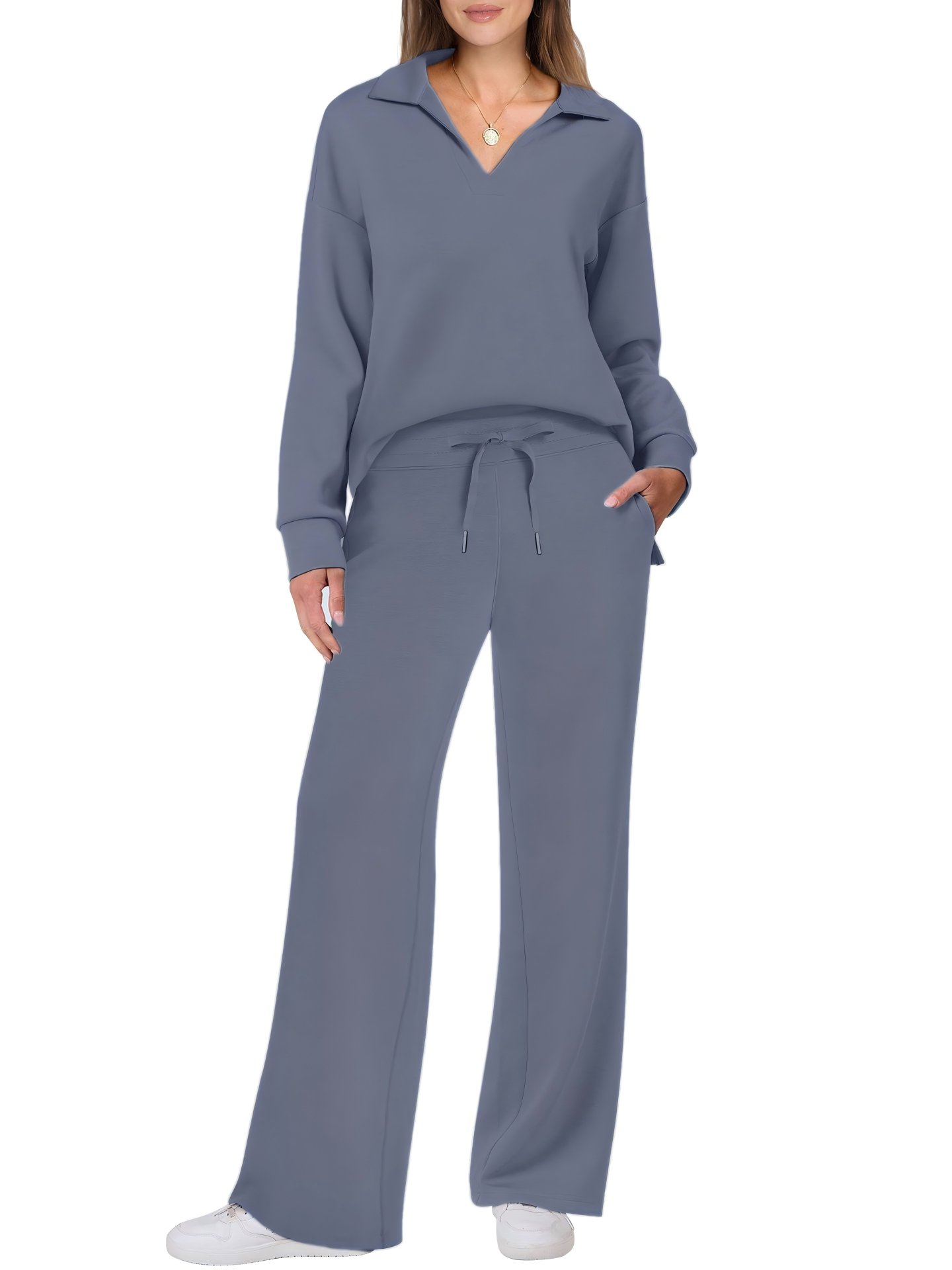 Women's Cotton Two-Piece Oversized Half-Zip Sweatshirt Wide Leg Sweatpants Casual Suit