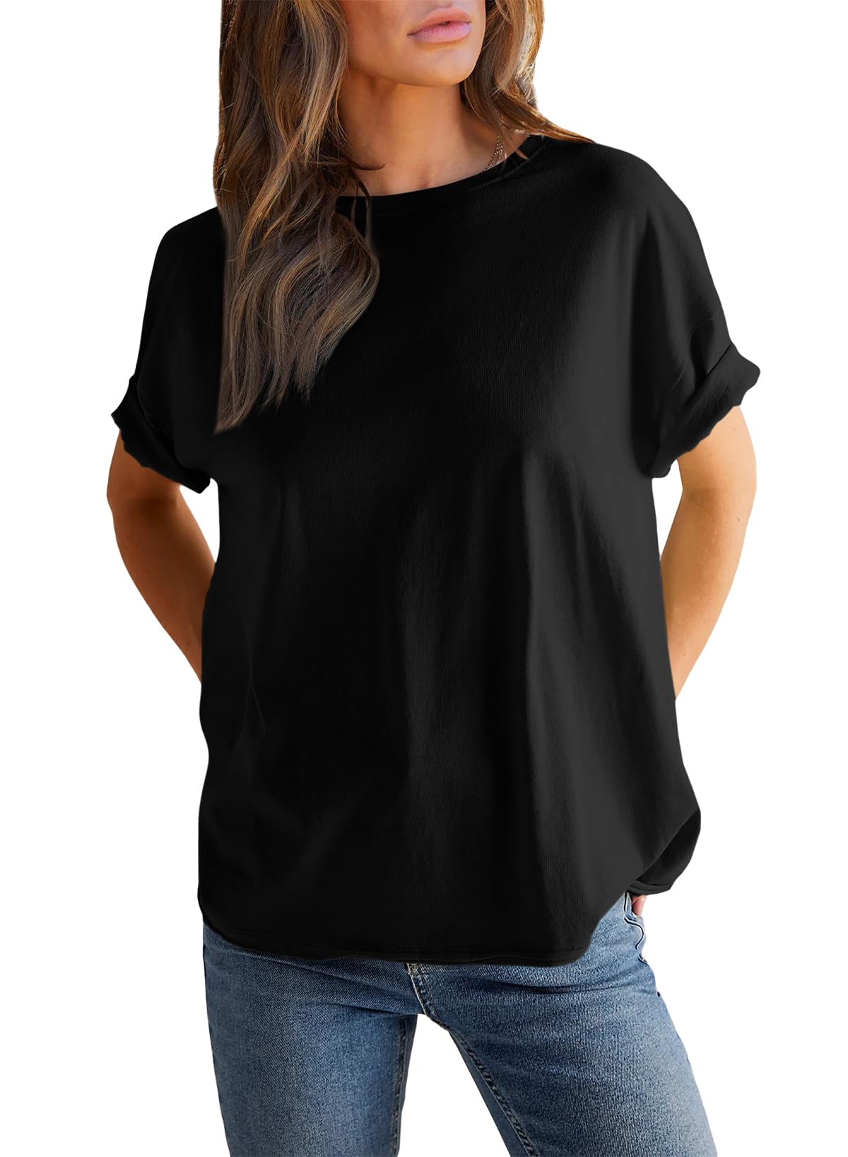 Camiseta de manga corta con cuello redondo y color liso para mujer (compre 2 y envío gratis)