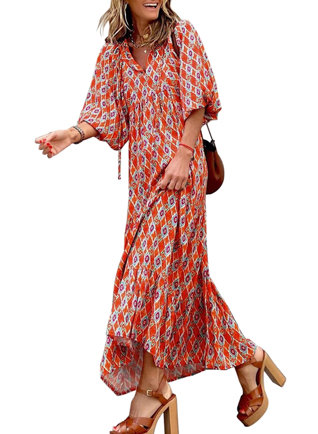 Vestido largo bohemio con estampado floral y mangas abullonadas para mujer (compre 2 y envío gratis)