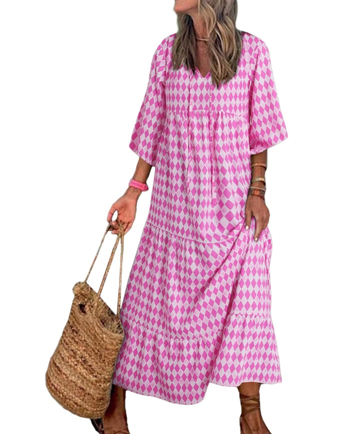 Boho-Maxikleid mit Puffärmeln und gesmokten Rüschen für Damen (2 Stück kaufen, kostenloser Versand)