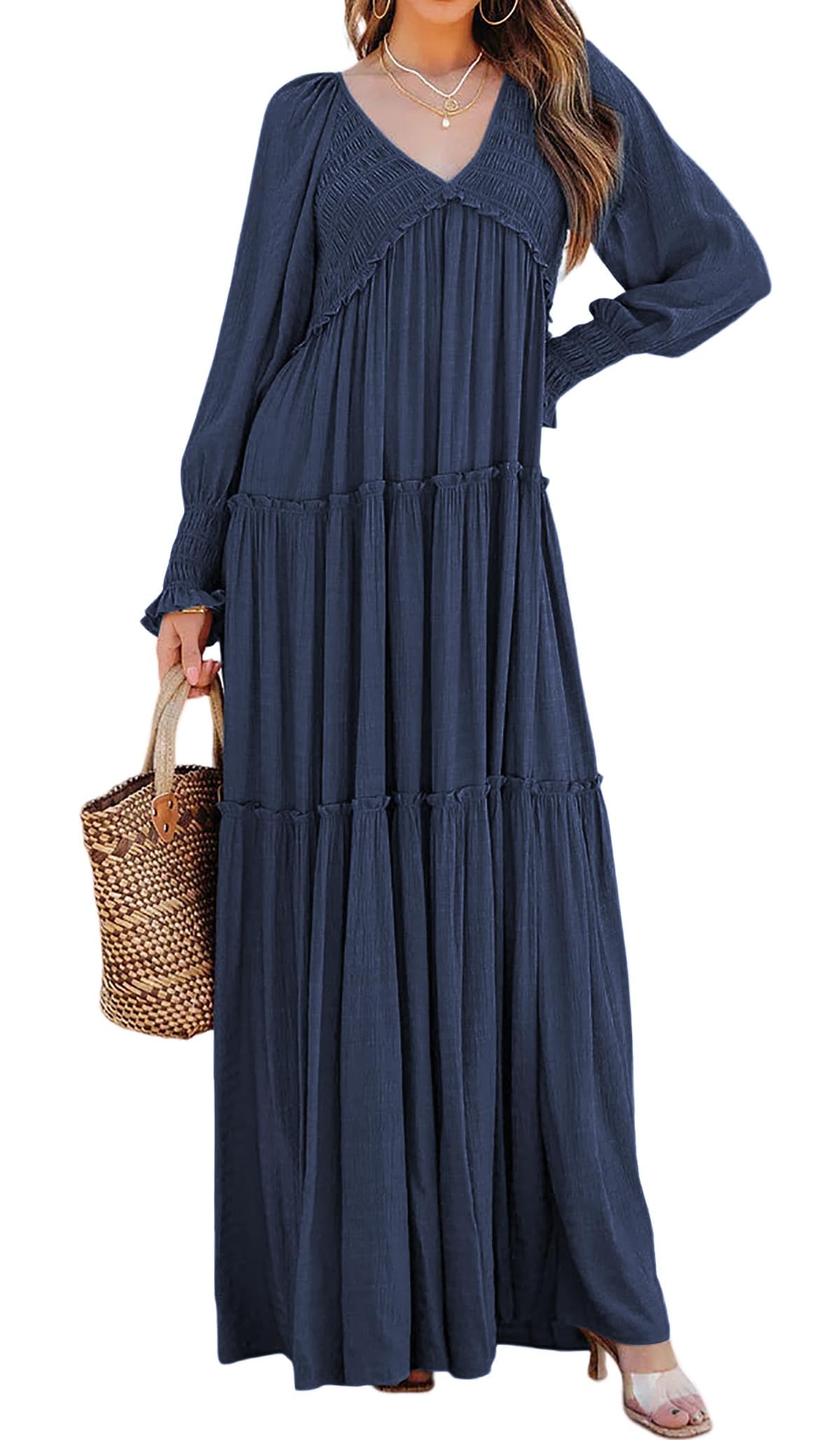 Women's Long Sleeve V Neck Boho Flowy Maxi Dresses (Buy 2 Free Shipping)