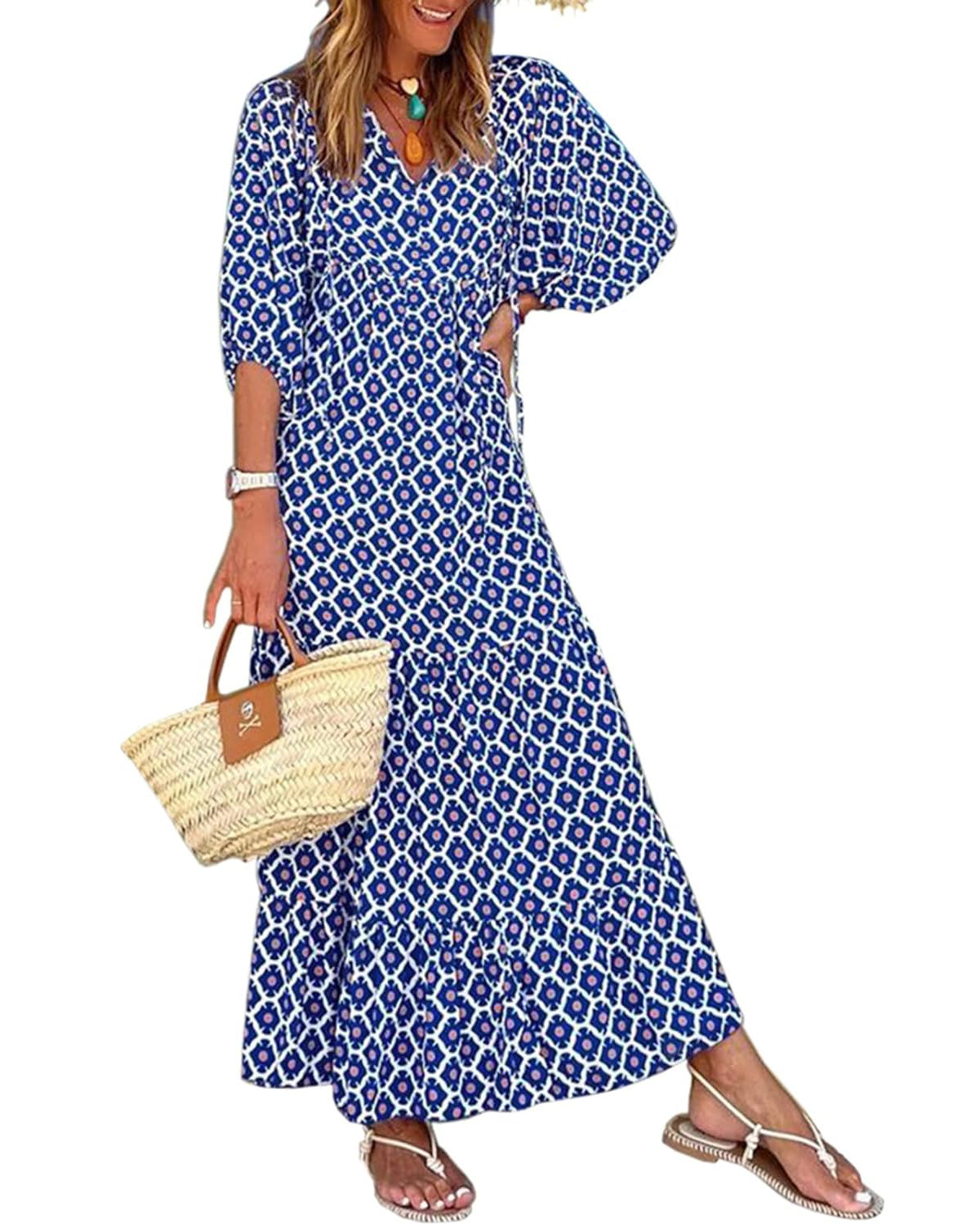 Women's Puff Sleeve Smocked Ruffle Boho Maxi Dress (Buy 2 Free Shipping)