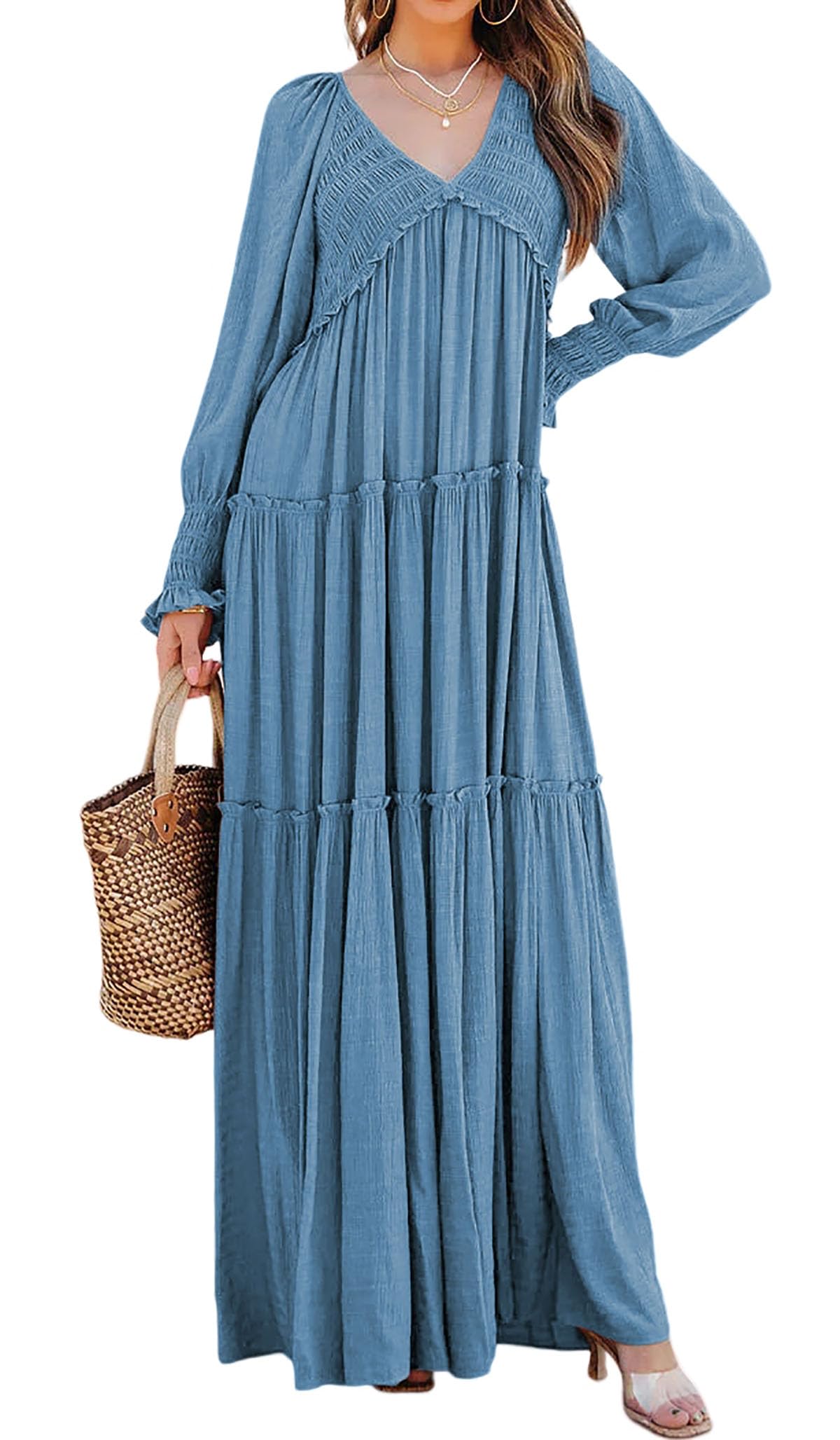 Women's Long Sleeve V Neck Boho Flowy Maxi Dresses (Buy 2 Free Shipping)