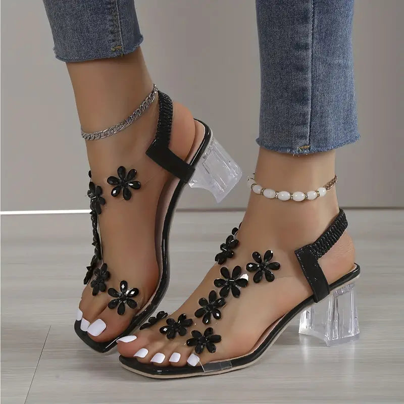 🔥Letzte Tagesaktion: 50 % RABATT - Damensandalen mit Blockabsatz und Blumen-Strass 