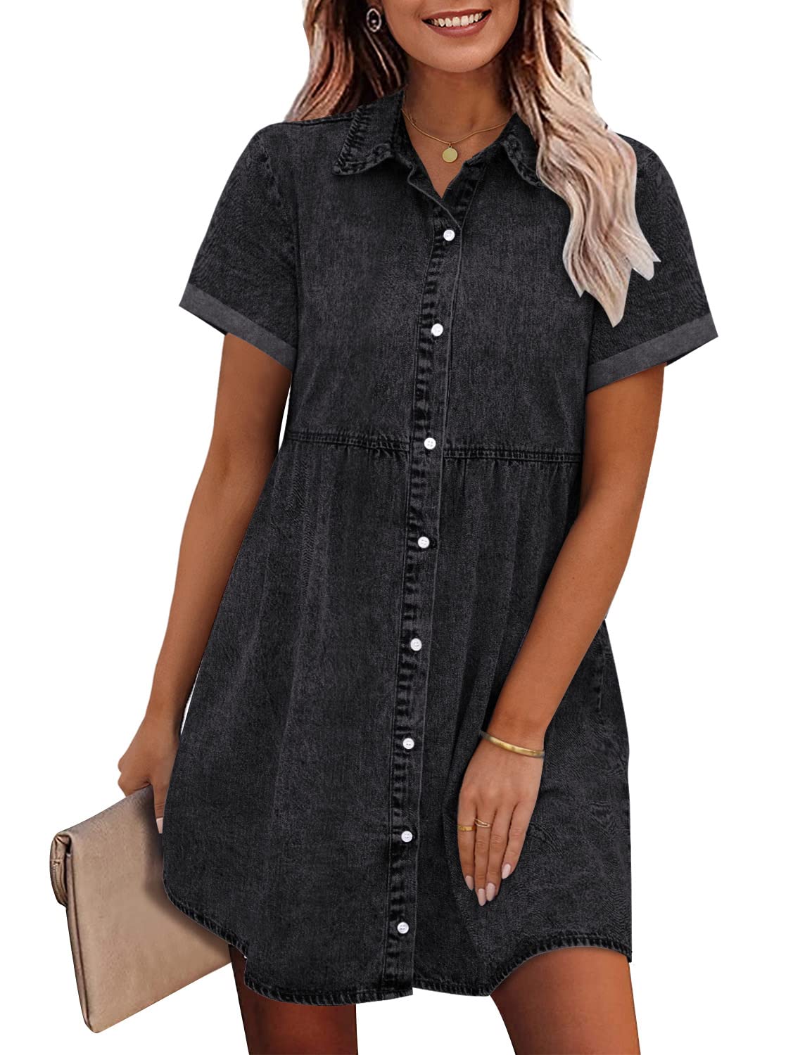 Women's Doll Neck Short Sleeve Button Down Denim Shirt Dresses（Buy 2 Free Shipping）