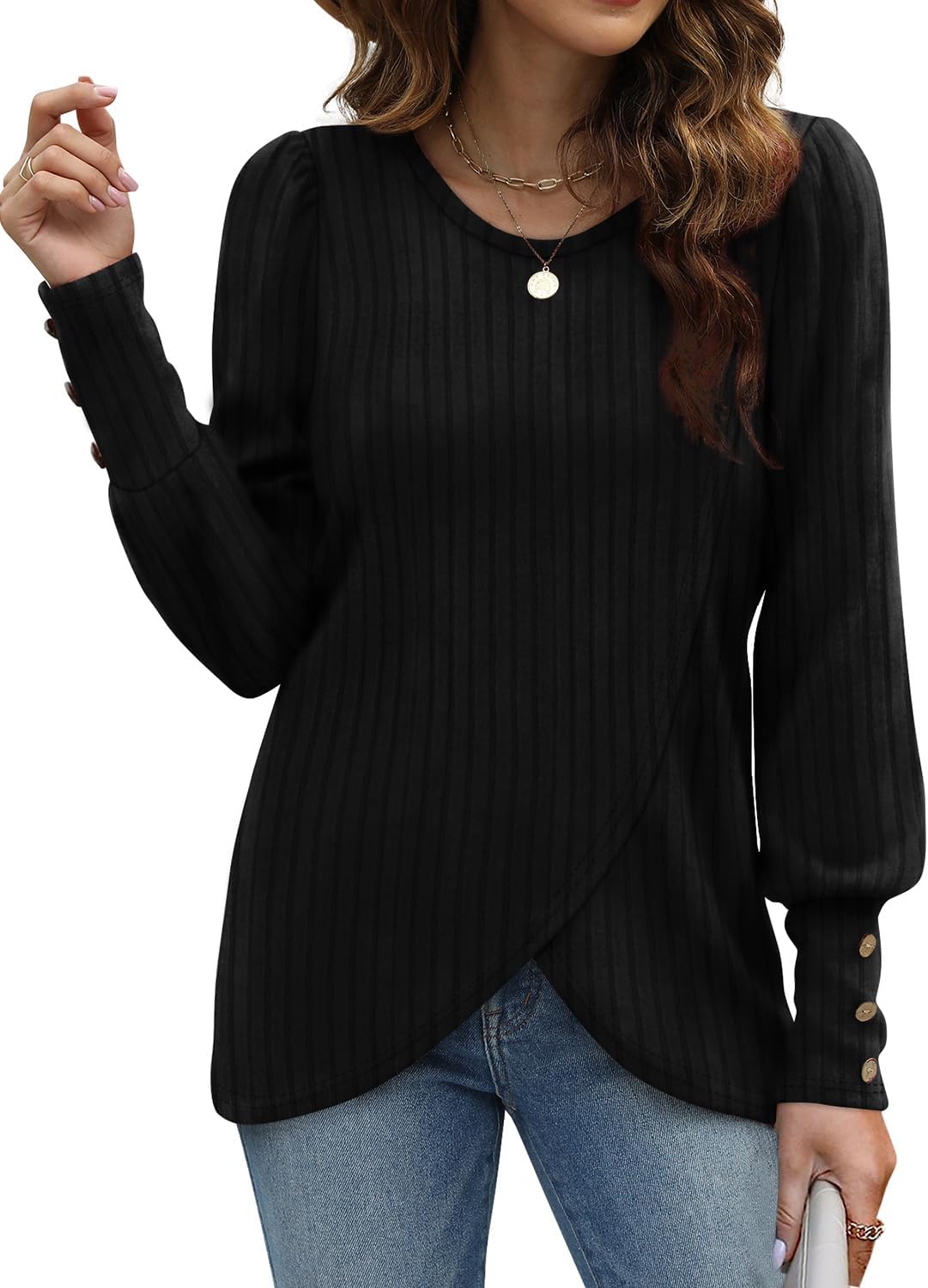 Lightweight Puffy Lantern Sleeve Tunic Tops Pullover Sweaters for Women Casual Tulip Hem